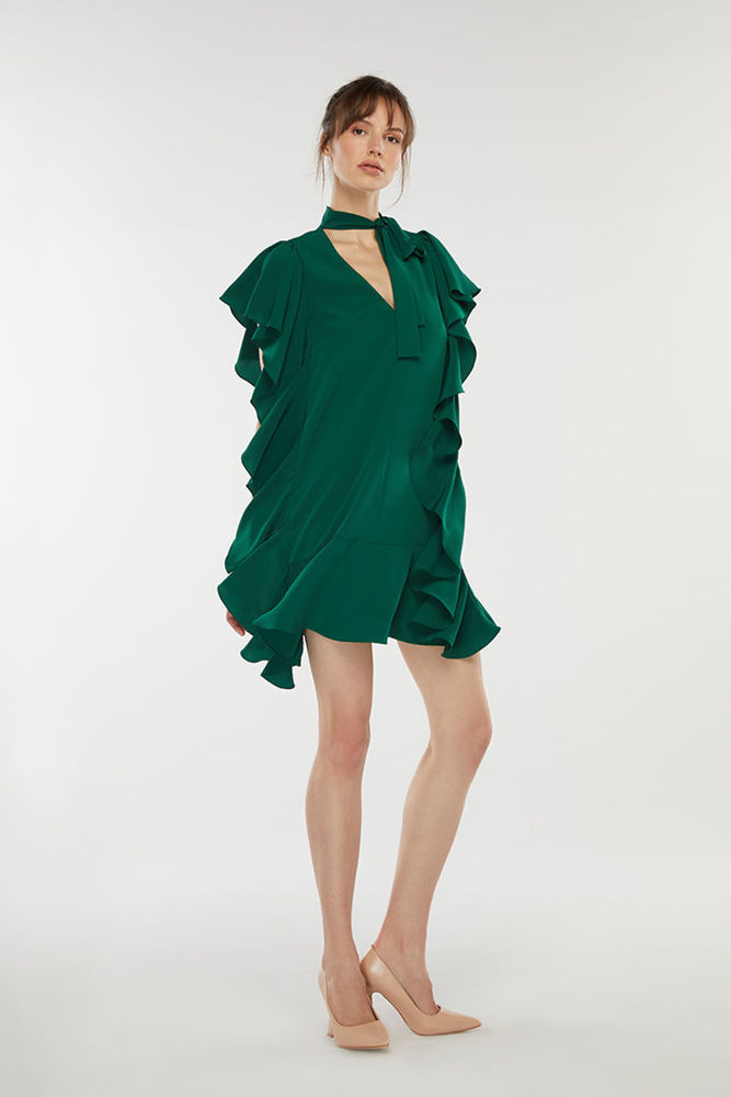Φόρεμα με βολάν και δέσιμο στον λαιμό πρασινο