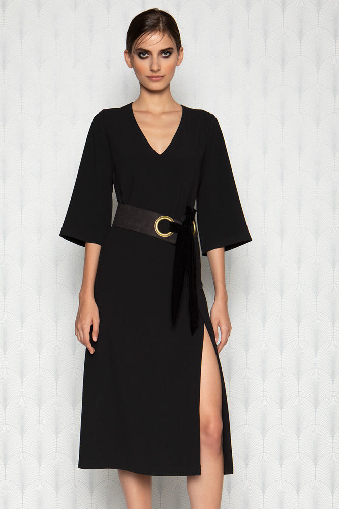 Φόρεμα κρεπ ελαστικό με υπεροχή ζώνη μαυρο