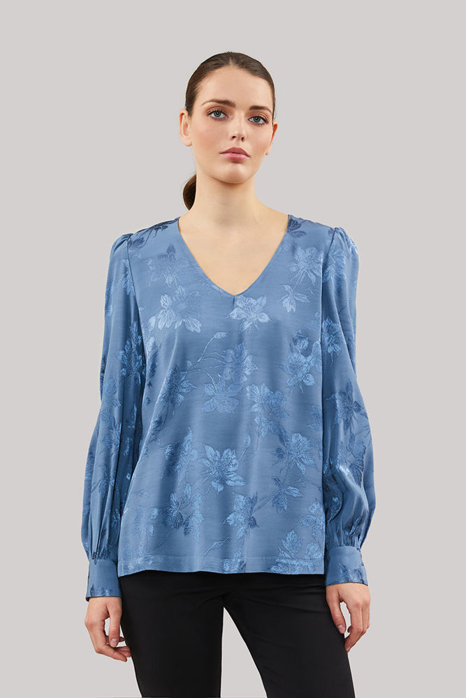 Picture of Viscose blouse with accentuated shoulders in jacquard fabric, flowers design petrol