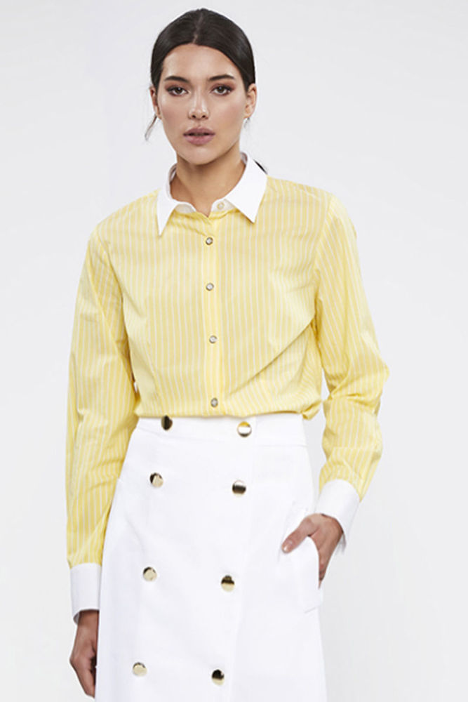 Στυλιζαρισμένο πουκάμισο κίτρινο με λευκές ρίγες σε ελαστική ποπλίνα κιτρινο