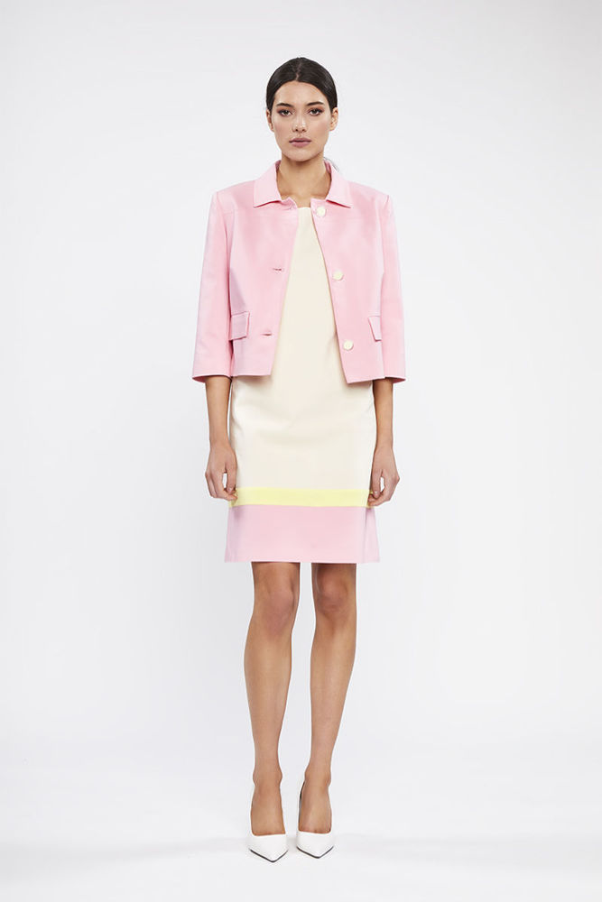 Picture of Elegant short cardigan in crepe elastic with bebe collar and three quarter sleeves PINK