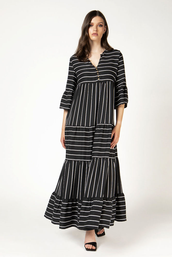 Picture of Striped maxi dress in high quality viscose in abprir cut with three ruffles BLACK