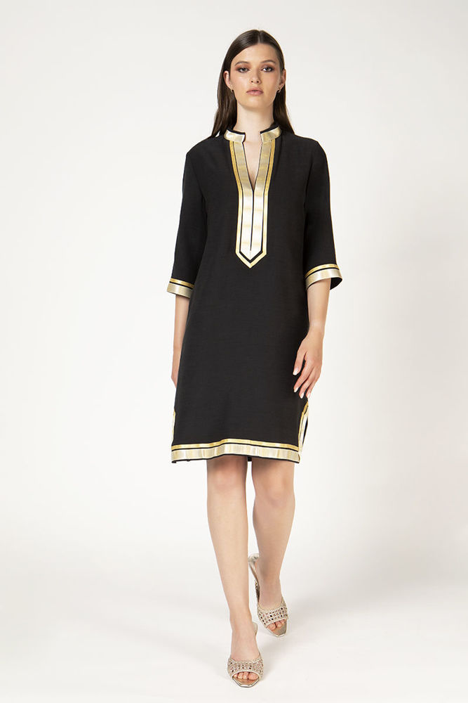 Φόρεμα σε ίσια γραμμή σε viscose με διακοσμητικές κορδέλες στο ντεκολτέ μαυρο