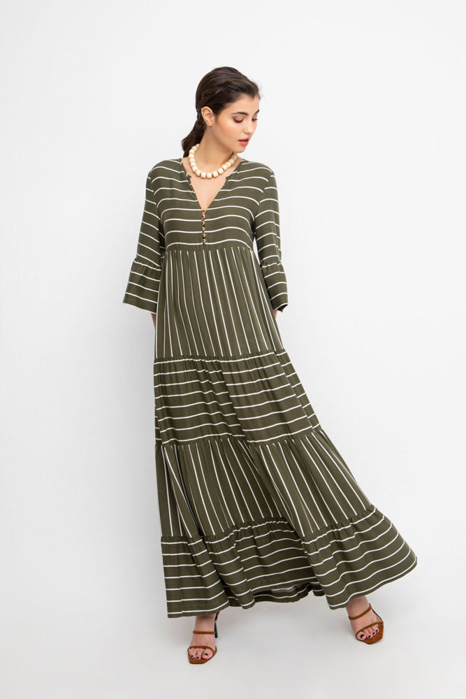 Picture of Striped maxi dress in high quality viscose in abprir cut with three ruffles OLIVE