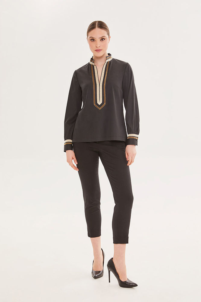 Picture of Blouse in elastic poplin with decorative velvet ribbons BLACK