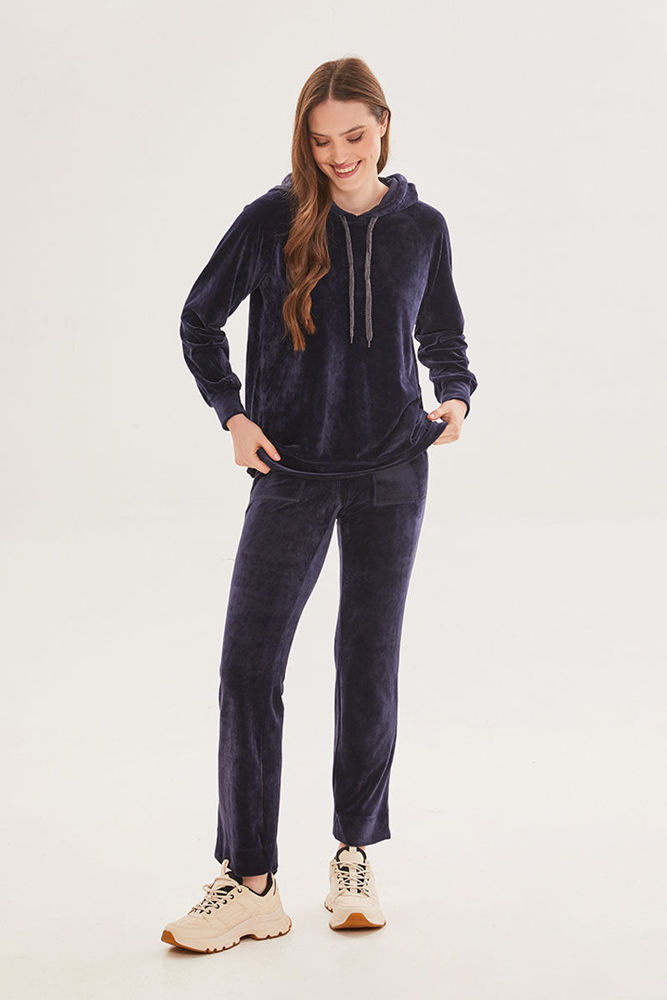 Picture of Straight-leg velor trousers with pockets BLUE
