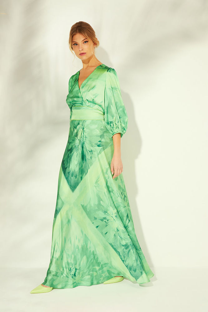 Picture of Printed cloche maxi dress with belt cut GREEN