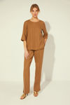 Picture of V-neck linen blouse with front cut BROWN