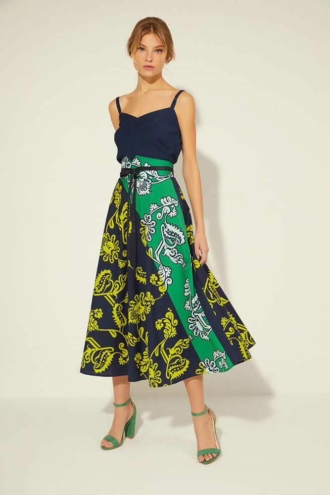 Picture of Printed cotton skirt with belted high waist BLUE