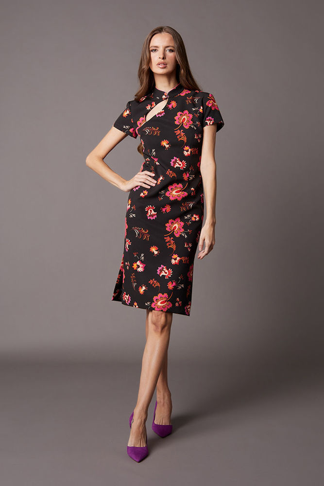 Φόρεμα Japanese look σε floral κρεπ ελαστικό φουξια