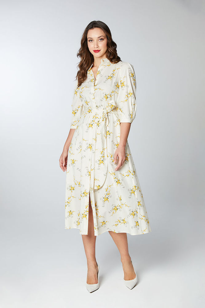 Εικόνα της Midi φόρεμα σεμιζιέ σε liberty print βαμβακερό κιτρινο