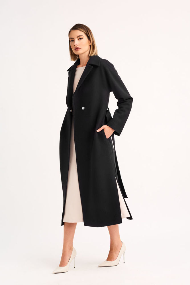 Παλτό με ζώνη σε ύφασμα με μαλλί 001 μαυρο