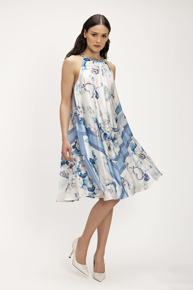 Σατέν Midi Φόρεμα Foulard Print με Κόσμημα στο Λαιμό σιελ