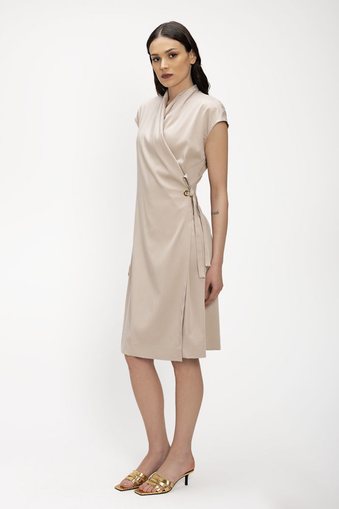Κρουαζέ Φόρεμα από Ελαστικό Tencel με Χρυσή Λεπτομέρεια μπεζ