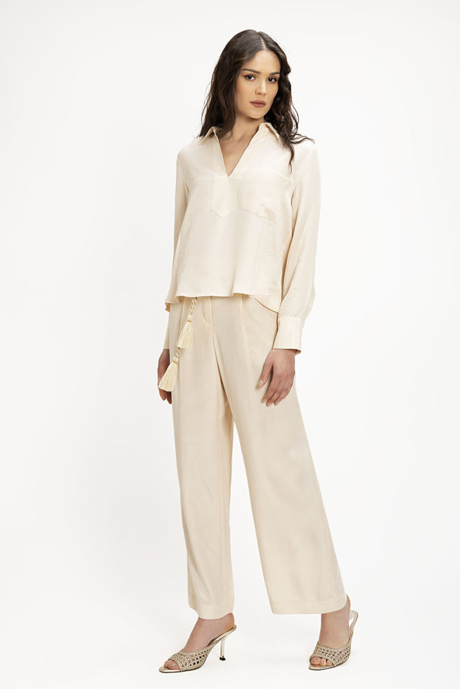 Μπλούζα Lyocell με Σχέδιο στο Ντεκολτέ και Μεταλλική Λάμψη βανιλια