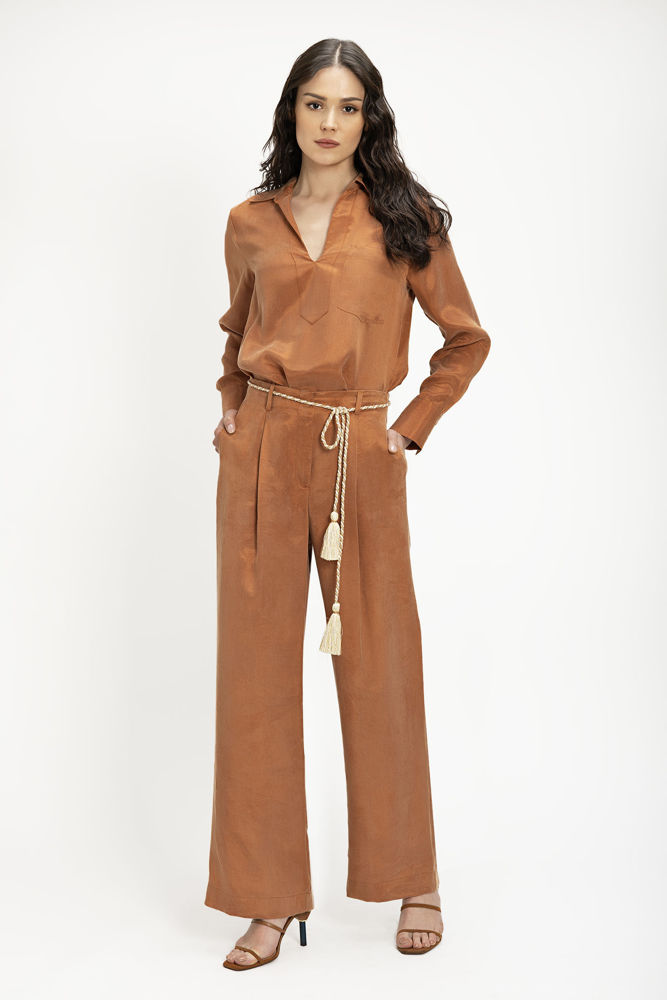 Παντελόνα Wide-Leg από Lyocell με Διακοσμητική Ζώνη χαλκος