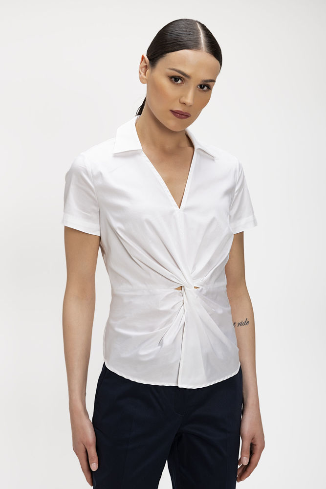 Μπλούζα από ελαστική ποπλίνα με ντραπέ κόμπο λευκο