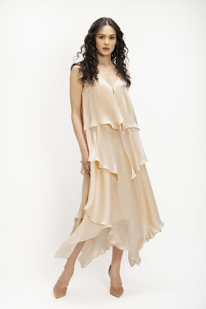 Ασύμμετρο Midi Φόρεμα με Crinkle Εφέ και Βολάν 018 χρυσο