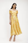 Midi Φλοράλ Φόρεμα με Shimmer Λάμψη και Off-the-Shoulder Μανίκια κιτρινο
