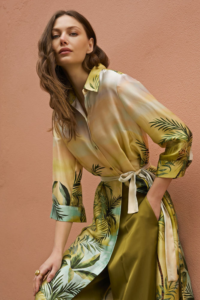Μακρύ shirt dress με τροπικό μοτίβο  λαιμ